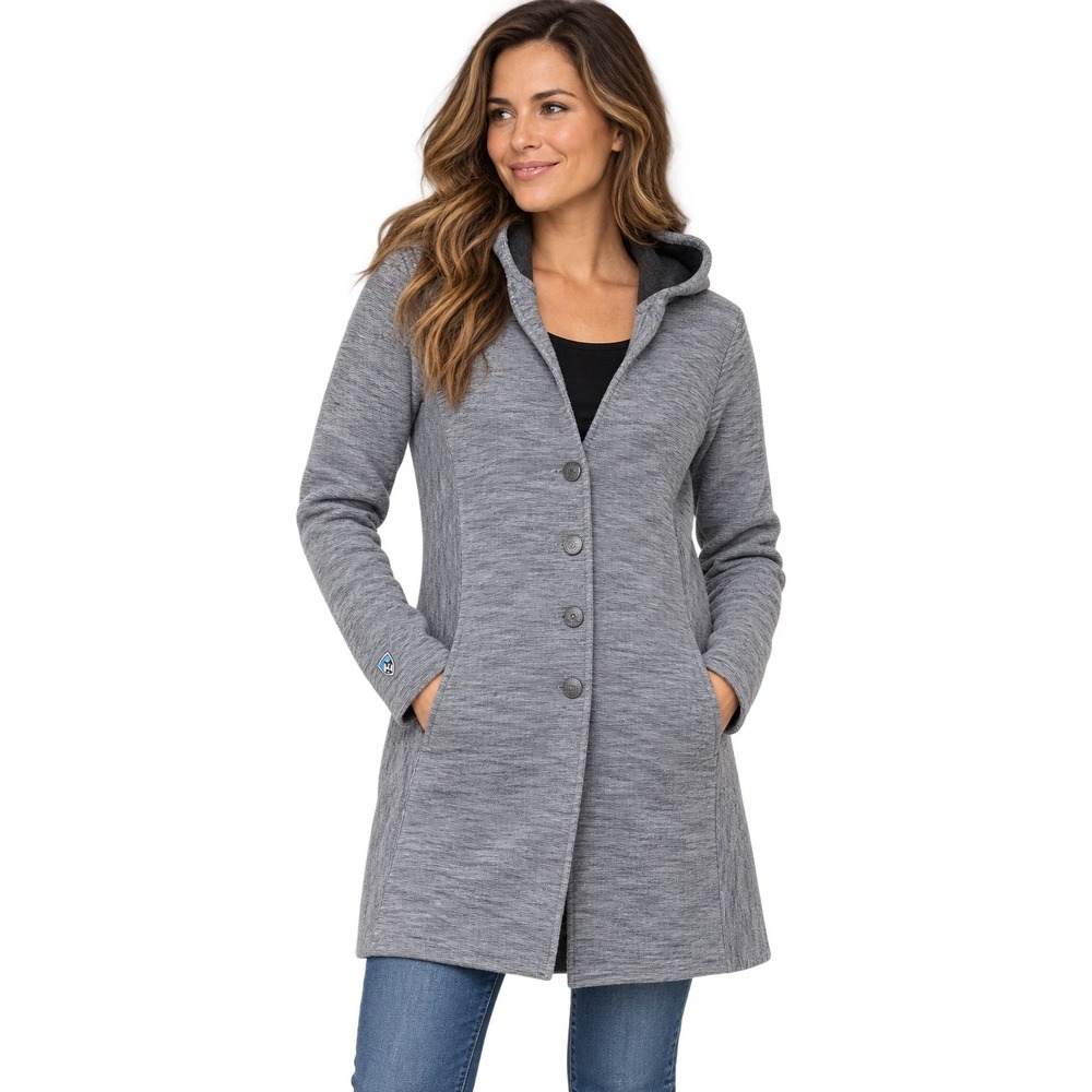 KUHL Lea Hooded Coat Women Medium Gray Heathered Fleece Button Front Long Jacket